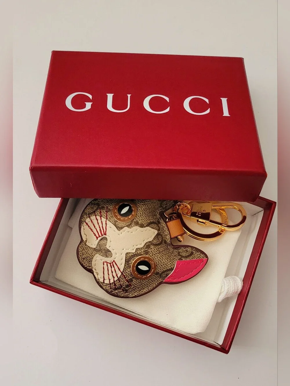 🇮🇹 Gucci Brown & Pink✨️ Cat Face Keyring✨️ with Gold Hardware🇮🇹
